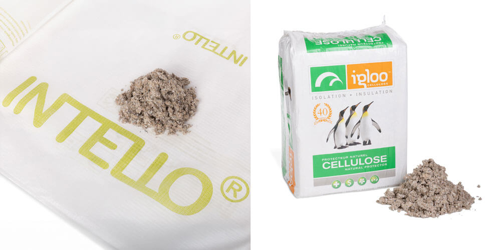 A side-by-side display of Intello insulation material and a bag of cellulose insulation, emphasizing eco-friendly insulation solutions.