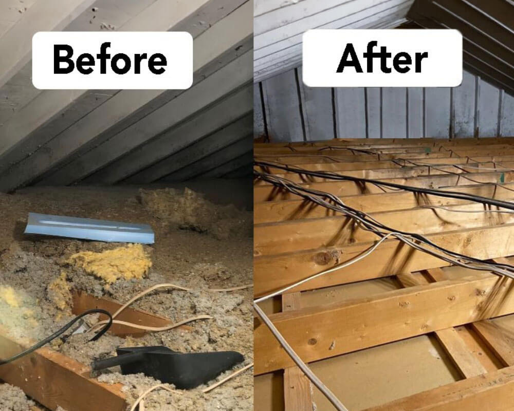 A side-by-side "Before and After" comparison of an attic cleanup, showing a transformation from a cluttered, dusty space to a clean, organized area with exposed wiring neatly arranged.
